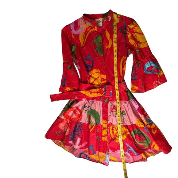 Farm Rio Tropical Fruit Printed Mini Shirt Dress Small Multicolor Belted Resort - Picture 11 of 13